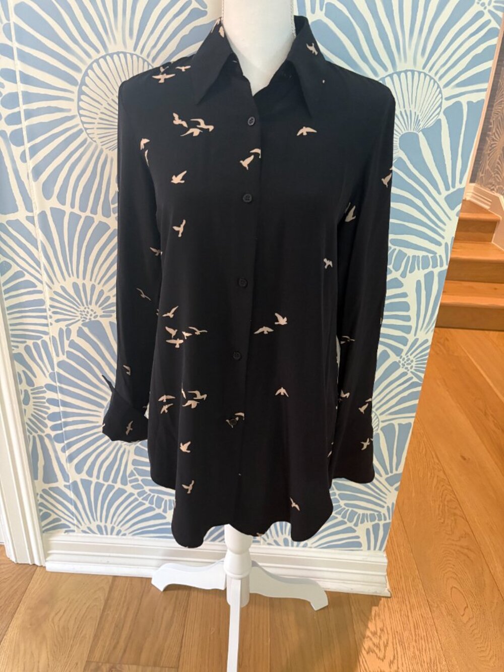 Kal Rieman Black Bird Printed Silk Blouse Size 6